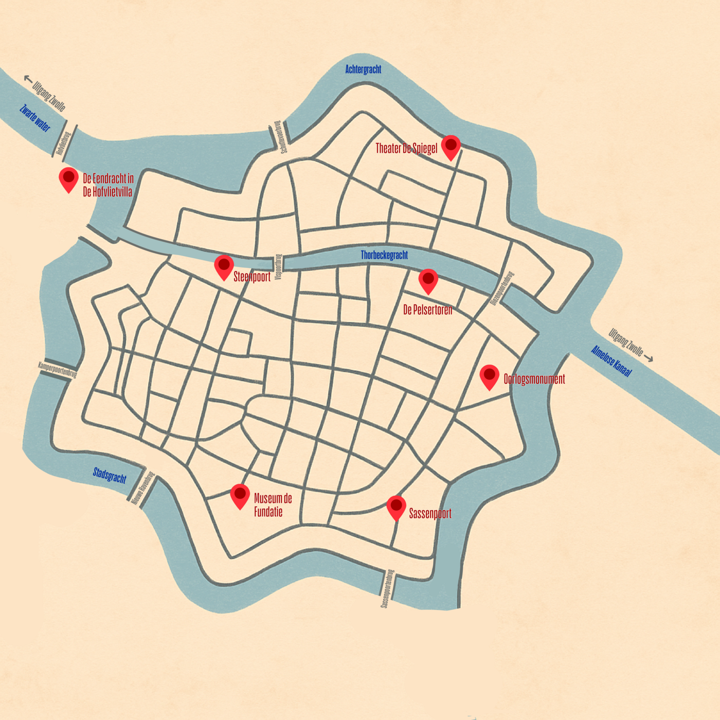 Kaart van de grachten van Zwolle